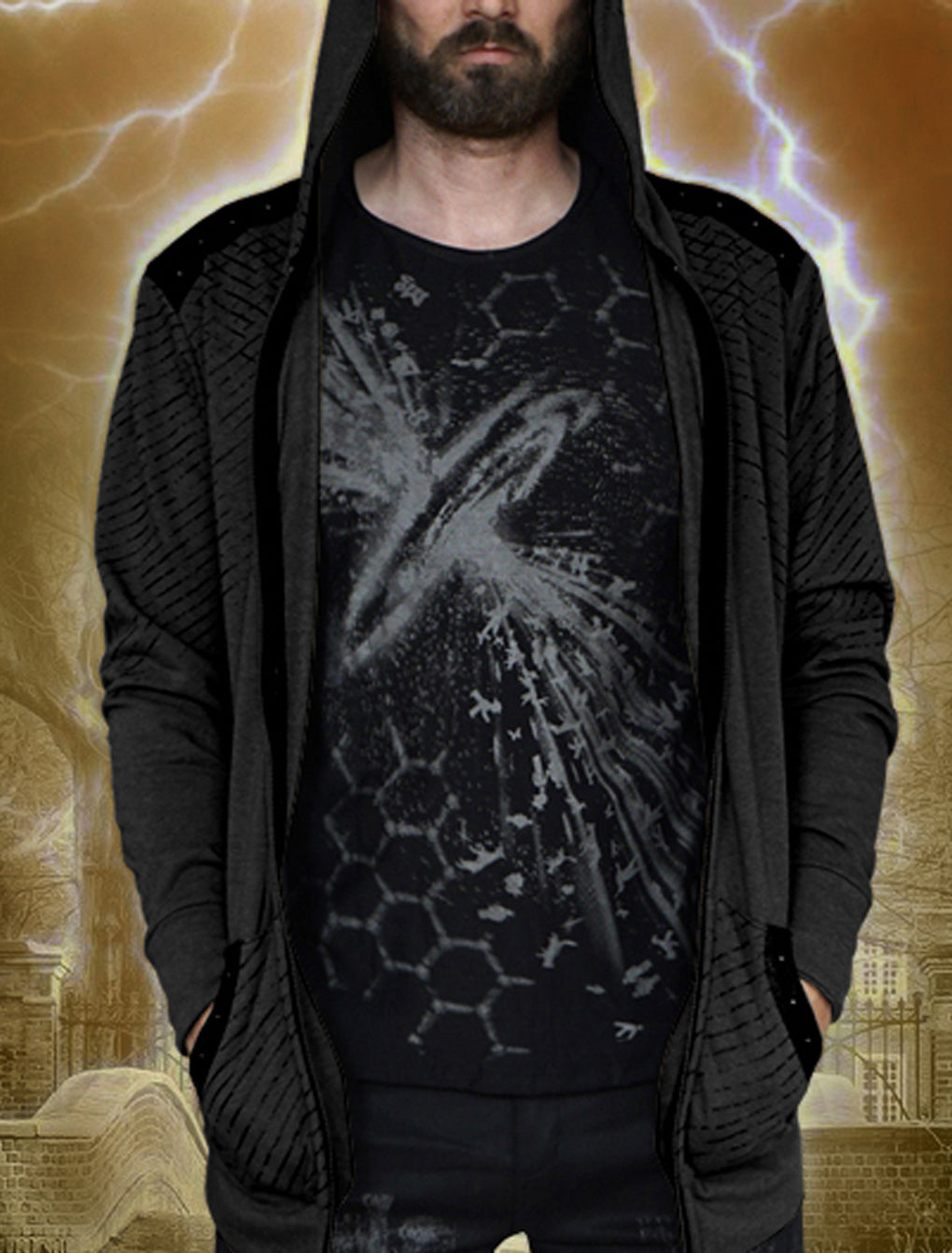 Guy wearing a stardust shirt in black with supernova