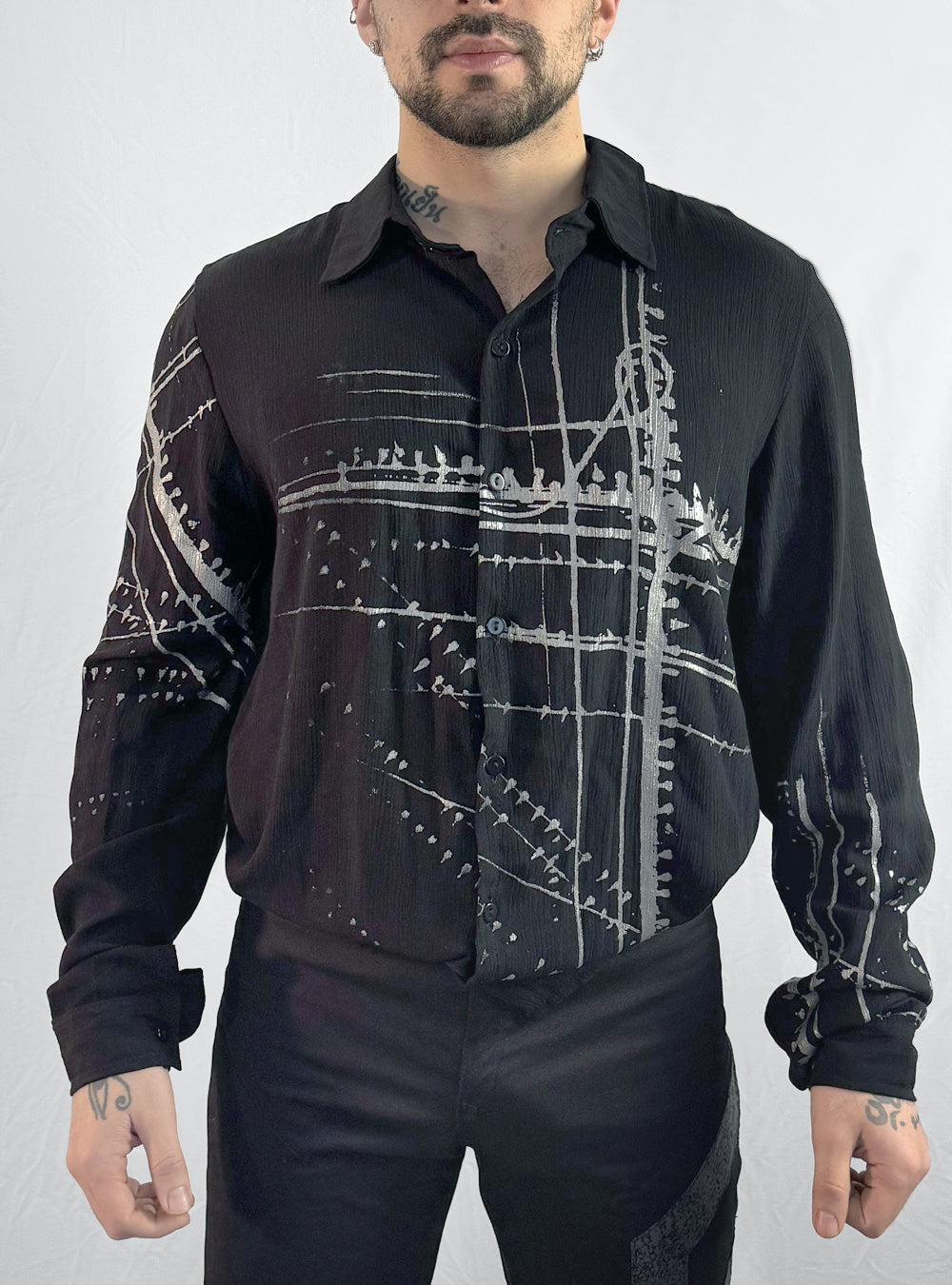 cable-birds-buttoned-shirt-men-black-silver-viscose | HybridPunkBerlin