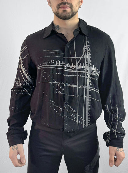 cable-birds-buttoned-shirt-men-black-silver-viscose | HybridPunkBerlin