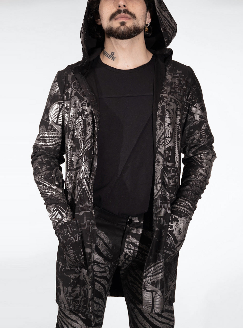 cyber-apes-long-hooded-jacket-black-silver-men-cyberpunk-casual | HybridPunkBerlin