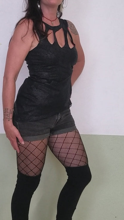 video woman wearing organic cleather top from hybridpunkberlin